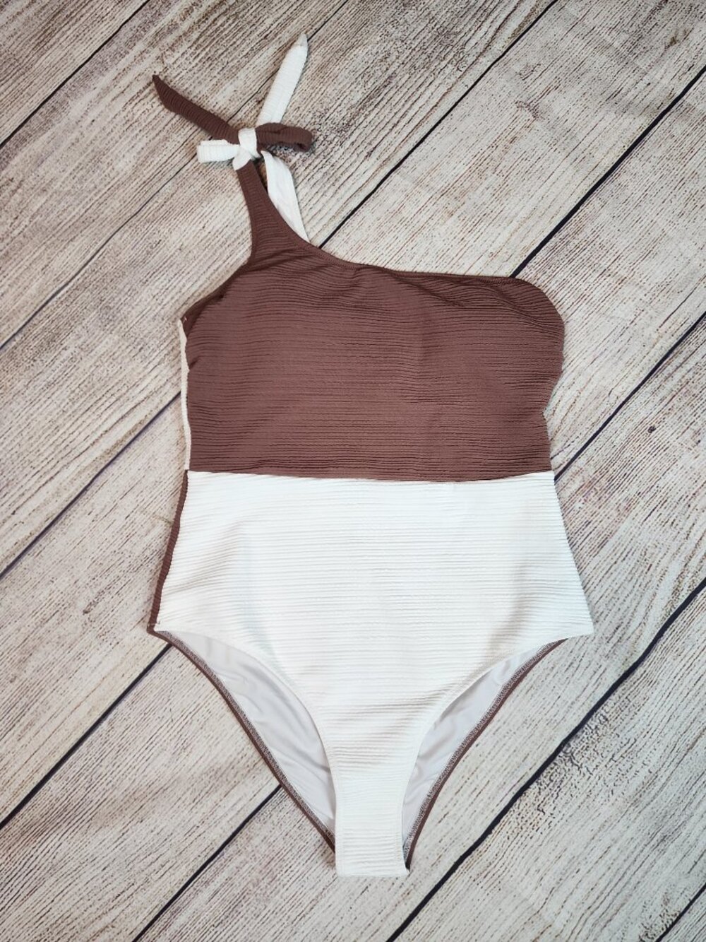 Cupshe One Shoulder Textured Swimsuit Brown White Colorblock Large Retro Minimal